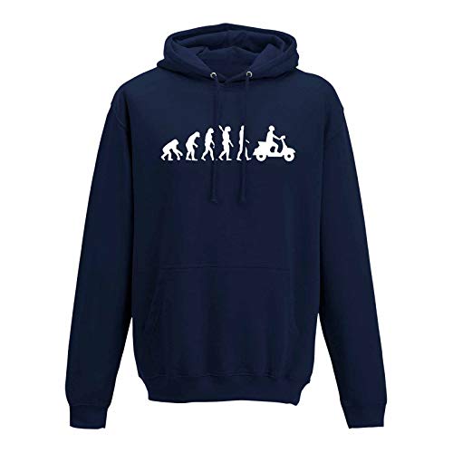 Jimmys Textilfactory Hoodie Evolution Mofa Roller Vespa Scooter Motorroller 10 Farben Herren XS-5XL Moped Lambretta Mokick-Roller Cityflitzer Tuning Custom, Größe:L, Farbe:Navy - Logo Weiss von Jimmys Textilfactory