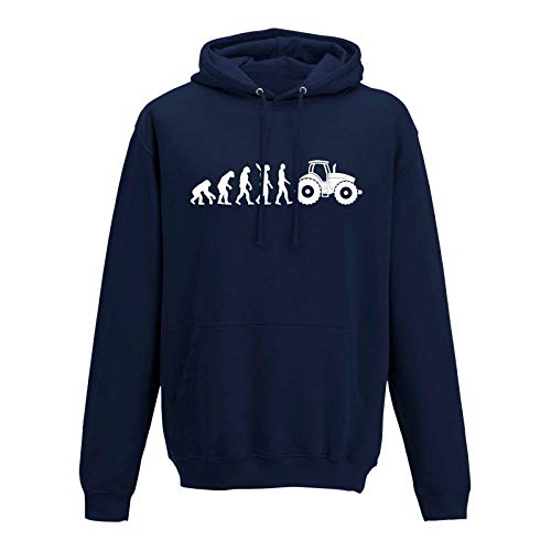 Jimmys Textilfactory Hoodie Evolution Traktor Trecker Bauer Landwirt Fun 10 Farben Herren XS - 5XL Zugmaschine Landwirtschaft Acker Feld Anbau, Größe:M, Farbe:Navy - Logo Weiss von Jimmys Textilfactory