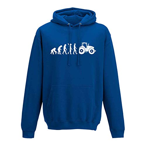 Jimmys Textilfactory Hoodie Evolution Traktor Trecker Bauer Landwirt Fun 10 Farben Herren XS - 5XL Zugmaschine Landwirtschaft Acker Feld Anbau, Größe:XL, Farbe:Royalblau - Logo Weiss von Jimmys Textilfactory