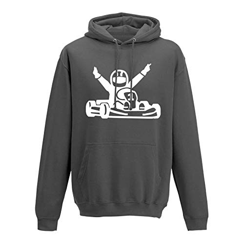 Jimmys Textilfactory Hoodie Kartfahrer Siegerpose Gokart Karting Rennsport 10 Farben Herren XS - 5XL Leihkart Kartbahn Rennfahrer Vortex Rotax IAME X30 OK, Größe:L, Farbe:dunkelgrau - Logo Weiss von Jimmys Textilfactory