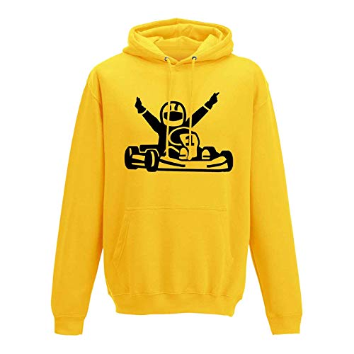 Jimmys Textilfactory Hoodie Kartfahrer Siegerpose Gokart Karting Rennsport 10 Farben Herren XS - 5XL Leihkart Kartbahn Rennfahrer Vortex Rotax IAME X30 OK, Größe:L, Farbe:gelb - Logo schwarz von Jimmys Textilfactory