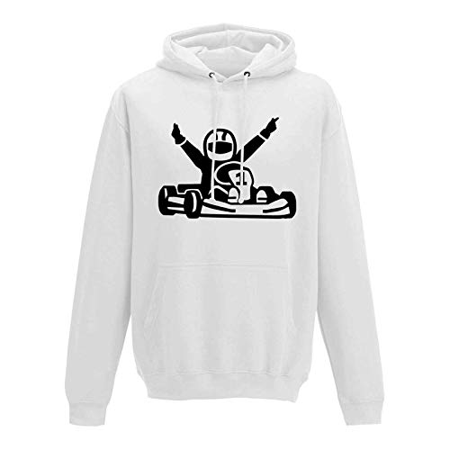 Jimmys Textilfactory Hoodie Kartfahrer Siegerpose Gokart Karting Rennsport 10 Farben Herren XS - 5XL Leihkart Kartbahn Rennfahrer Vortex Rotax IAME X30 OK, Größe:M, Farbe:Weiss - Logo schwarz von Jimmys Textilfactory