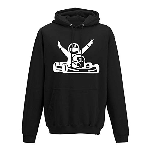 Jimmys Textilfactory Hoodie Kartfahrer Siegerpose Gokart Karting Rennsport 10 Farben Herren XS - 5XL Leihkart Kartbahn Rennfahrer Vortex Rotax IAME X30 OK, Größe:M, Farbe:schwarz - Logo Weiss von Jimmys Textilfactory