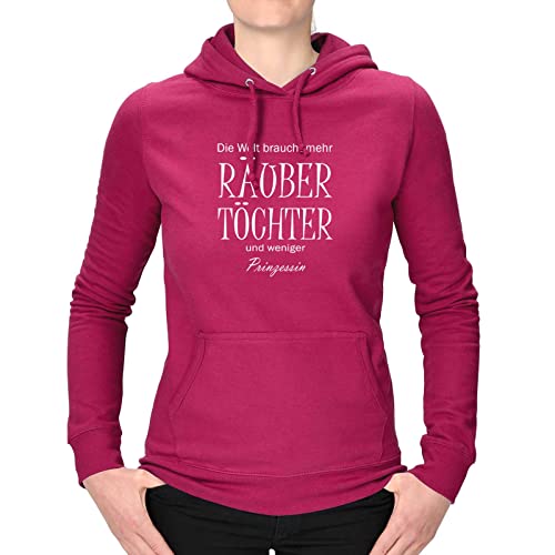 Jimmys Textilfactory Hoodie Mehr Räubertöchter, weniger Prinzessin Kinderfilme 12 Farben XS-3XL Lönneberga Lindgren Räuber Hotenplotz Pippi Langstrumpf, Farbe:pink - Logo Weiss, Größe:S von Jimmys Textilfactory