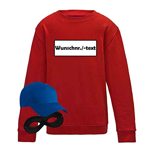 Sweatshirt Panzerknacker Kids Deluxe+ Kostüm-Set Karneval Party Kinder 104-164 Fasching Party, Logo & Set:Wunsch-Nr./Set Klassik (Wunsch-Nr. o. -Text/Shirt+Cap+Maske), Größe:152 von Jimmys Textilfactory