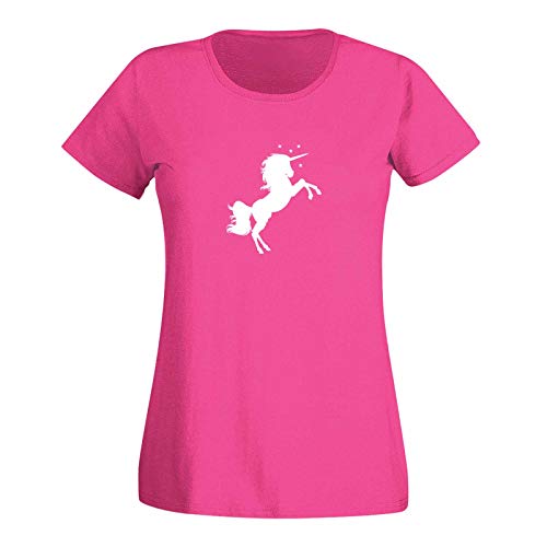 T-Shirt Einhorn Unicorn Beauty Pferd Prinzessin Märchen 15 Farben Damen XS - 3XL Fabelwesen Zauber Phantasie Glitzer pink süß CSD, Größe:XL, Farbe:pink/Fuchsia - Logo Weiss von Jimmys Textilfactory