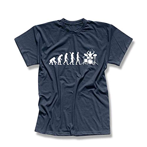 T-Shirt Evolution Drummer Schlagzeug Tama Pearl Gretsch Evo Yamaha Ludwig Roland Remo Band Musik Musiker 13 Farben Herren XS-5XL, Größe:L, Farbe:Navy - Logo Weiss von Jimmys Textilfactory