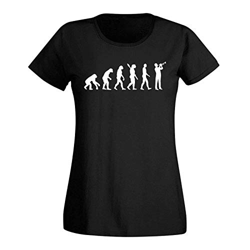 T-Shirt Evolution Trompeter Jazz Funk Big Band Musik 15 Farben Damen XS - 3XL Brass Ska-Punk Orchester Blechbläser Kornett Hobby, Größe:M, Farbe:schwarz - Logo Weiss von Jimmys Textilfactory