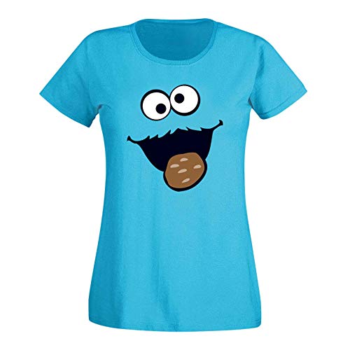 T-Shirt Krümelmonster Kekse Karneval Fasching Kostüm Sesamstraße Damen XS - 3XL Verkleidung Gruppen-Kostüm Rosenmontag Party Feier, Größe:2XL, Farbe:Azur von Jimmys Textilfactory