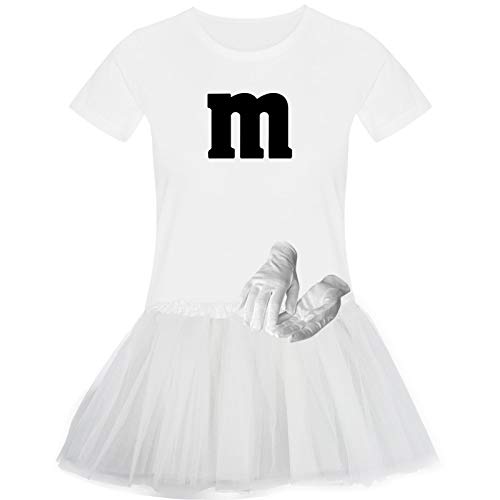 T-Shirt M&M + Tüllrock Karneval Gruppenkostüm Schokolinse 11 Farben Damen XS-3XL Fasching Verkleidung M's Fans Tanzgruppe, Gr.:2XL, Farbauswahl:Weiss - Logo schwarz (+Handschuhe Weiss/Tütü Weiss) von Jimmys Textilfactory