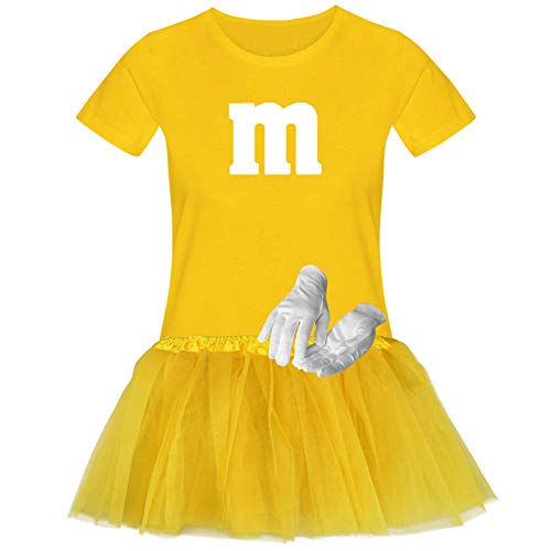 T-Shirt M&M + Tüllrock Karneval Gruppenkostüm Schokolinse 11 Farben Damen XS-3XL Fasching Verkleidung M's Fans Tanzgruppe, Gr.:2XL, Farbauswahl:gelb - Logo Weiss (+Handschuhe Weiss/Tütü gelb) von Jimmys Textilfactory