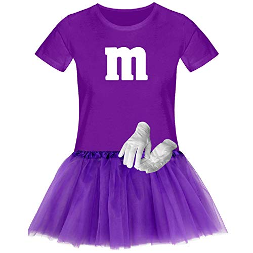 T-Shirt M&M + Tüllrock Karneval Gruppenkostüm Schokolinse 11 Farben Damen XS-3XL Fasching Verkleidung M's Fans Tanzgruppe, Gr.:2XL, Farbauswahl:lila - Logo Weiss (+Handschuhe Weiss/Tütü lila) von Jimmys Textilfactory