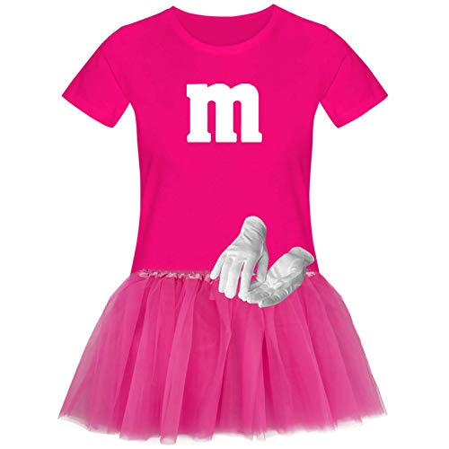 T-Shirt M&M + Tüllrock Karneval Gruppenkostüm Schokolinse 11 Farben Damen XS-3XL Fasching Verkleidung M's Fans Tanzgruppe, Gr.:2XL, Farbauswahl:pink - Logo Weiss (+Handschuhe Weiss/Tütü pink) von Jimmys Textilfactory
