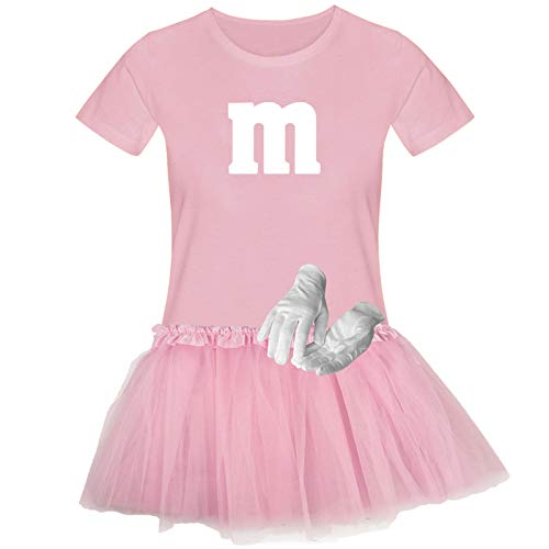 T-Shirt M&M + Tüllrock Karneval Gruppenkostüm Schokolinse 11 Farben Damen XS-3XL Fasching Verkleidung M's Fans Tanzgruppe, Gr.:2XL, Farbauswahl:rosa - Logo Weiss (+Handschuhe Weiss/Tütü rosa) von Jimmys Textilfactory