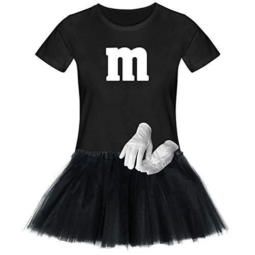 T-Shirt M&M + Tüllrock Karneval Gruppenkostüm Schokolinse 11 Farben Damen XS-3XL Fasching Verkleidung M's Fans Tanzgruppe, Gr.:2XL, Farbauswahl:schwarz - Logo Weiss (+Handschuhe Weiss/Tütü schwarz) von Jimmys Textilfactory