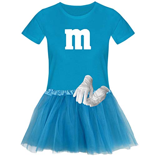 T-Shirt M&M + Tüllrock Karneval Gruppenkostüm Schokolinse 11 Farben Damen XS-3XL Fasching Verkleidung M's Fans Tanzgruppe, Gr.:2XL, Farbauswahl:türkis - Logo Weiss (+Handschuhe Weiss/Tütü türkis) von Jimmys Textilfactory