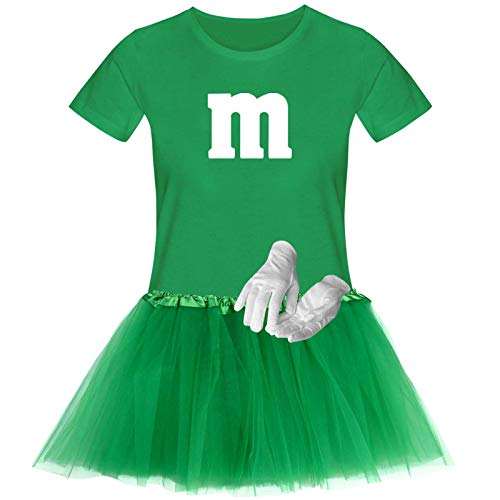 T-Shirt M&M + Tüllrock Karneval Gruppenkostüm Schokolinse 11 Farben Damen XS-3XL Fasching Verkleidung M's Fans Tanzgruppe, Gr.:3XL, Farbauswahl:grün - Logo Weiss (+Handschuhe Weiss/Tütü grün) von Jimmys Textilfactory