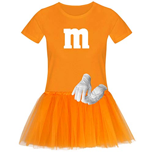 T-Shirt M&M + Tüllrock Karneval Gruppenkostüm Schokolinse 11 Farben Damen XS-3XL Fasching Verkleidung M's Fans Tanzgruppe, Gr.:3XL, Farbauswahl:orange - Logo Weiss (+Handschuhe weis/Tütü orange) von Jimmys Textilfactory