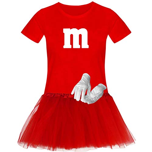 T-Shirt M&M + Tüllrock Karneval Gruppenkostüm Schokolinse 11 Farben Damen XS-3XL Fasching Verkleidung M's Fans Tanzgruppe, Gr.:M, Farbauswahl:rot - Logo Weiss (+Handschuhe Weiss/Tütü rot) von Jimmys Textilfactory