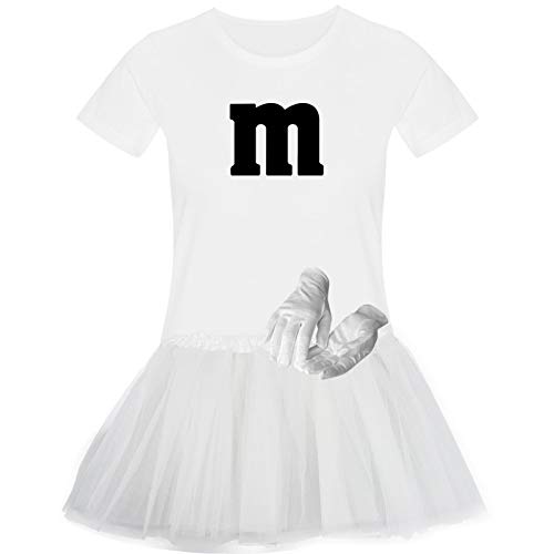 T-Shirt M&M + Tüllrock Karneval Gruppenkostüm Schokolinse 11 Farben Damen XS-3XL Fasching Verkleidung M's Fans Tanzgruppe , Gr.:S, Farbauswahl:weiss - Logo schwarz (+Handschuhe weiss/Tütü weiss) von Jimmys Textilfactory