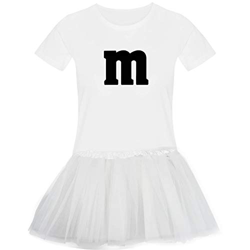 T-Shirt M&M + Tüllrock Karneval Gruppenkostüm Schokolinse 11 Farben Damen XS-3XL Fasching Verkleidung M's Fans Tanzgruppe, Größenauswahl:2XL, Farbauswahl:Weiss - Logo schwarz (+Tütü Weiss) von Jimmys Textilfactory