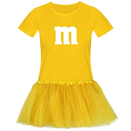 T-Shirt M&M + Tüllrock Karneval Gruppenkostüm Schokolinse 11 Farben Damen XS-3XL Fasching Verkleidung M's Fans Tanzgruppe, Größenauswahl:2XL, Farbauswahl:gelb - Logo Weiss (+Tütü gelb) von Jimmys Textilfactory