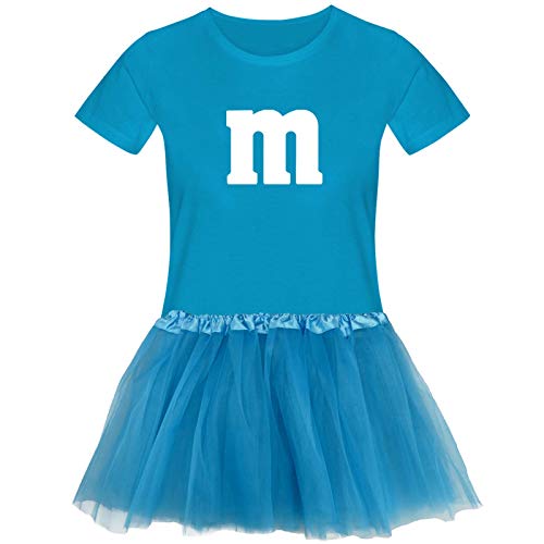 T-Shirt M&M + Tüllrock Karneval Gruppenkostüm Schokolinse 11 Farben Damen XS-3XL Fasching Verkleidung M's Fans Tanzgruppe, Größenauswahl:2XL, Farbauswahl:türkis - Logo Weiss (+Tütü türkis) von Jimmys Textilfactory