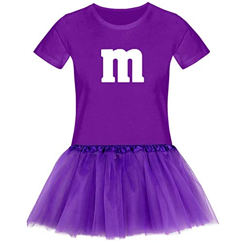 T-Shirt M&M + Tüllrock Karneval Gruppenkostüm Schokolinse 11 Farben Damen XS-3XL Fasching Verkleidung M's Fans Tanzgruppe, Größenauswahl:3XL, Farbauswahl:lila - Logo Weiss (+Tütü lila) von Jimmys Textilfactory