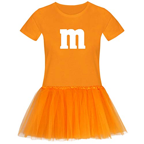 T-Shirt M&M + Tüllrock Karneval Gruppenkostüm Schokolinse 11 Farben Damen XS-3XL Fasching Verkleidung M's Fans Tanzgruppe, Größenauswahl:3XL, Farbauswahl:orange - Logo Weiss (+Tütü orange) von Jimmys Textilfactory