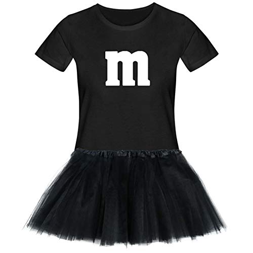 T-Shirt M&M + Tüllrock Karneval Gruppenkostüm Schokolinse 11 Farben Damen XS-3XL Fasching Verkleidung M's Fans Tanzgruppe, Größenauswahl:3XL, Farbauswahl:schwarz - Logo Weiss (+Tütü schwarz) von Jimmys Textilfactory