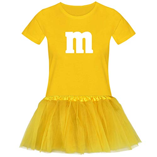 T-Shirt M&M + Tüllrock Karneval Gruppenkostüm Schokolinse 11 Farben Damen XS-3XL Fasching Verkleidung M's Fans Tanzgruppe, Größenauswahl:L, Farbauswahl:gelb - Logo Weiss (+Tütü gelb) von Jimmys Textilfactory