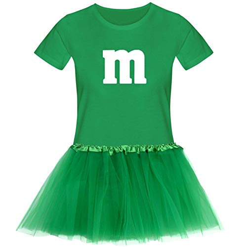 T-Shirt M&M + Tüllrock Karneval Gruppenkostüm Schokolinse 11 Farben Damen XS-3XL Fasching Verkleidung M's Fans Tanzgruppe, Größenauswahl:L, Farbauswahl:grün - Logo Weiss (+Tütü grün) von Jimmys Textilfactory