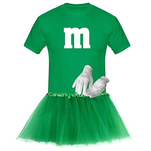 T-Shirt M&M + Tüllrock Karneval Gruppenkostüm Schokolinse 8 Farben Herren XS-5XL Fasching Verkleidung M's Fans Tanzgruppe, Gr.:2XL, Farbauswahl:grün - Logo Weiss (+Handschuhe Weiss/Tütü grün) von Jimmys Textilfactory
