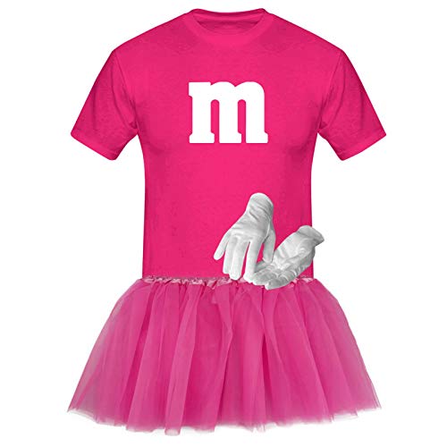 T-Shirt M&M + Tüllrock Karneval Gruppenkostüm Schokolinse 8 Farben Herren XS-5XL Fasching Verkleidung M's Fans Tanzgruppe, Gr.:2XL, Farbauswahl:pink - Logo Weiss (+Handschuhe Weiss/Tütü pink) von Jimmys Textilfactory