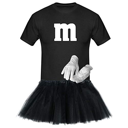 T-Shirt M&M + Tüllrock Karneval Gruppenkostüm Schokolinse 8 Farben Herren XS-5XL Fasching Verkleidung M's Fans Tanzgruppe, Gr.:2XL, Farbauswahl:schwarz - Logo Weiss (+Handschuhe Weiss/Tütü schwarz) von Jimmys Textilfactory