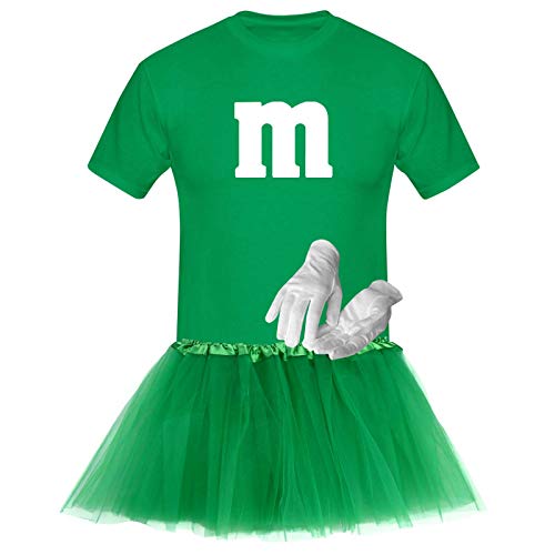 T-Shirt M&M + Tüllrock Karneval Gruppenkostüm Schokolinse 8 Farben Herren XS-5XL Fasching Verkleidung M's Fans Tanzgruppe, Gr.:3XL, Farbauswahl:grün - Logo Weiss (+Handschuhe Weiss/Tütü grün) von Jimmys Textilfactory