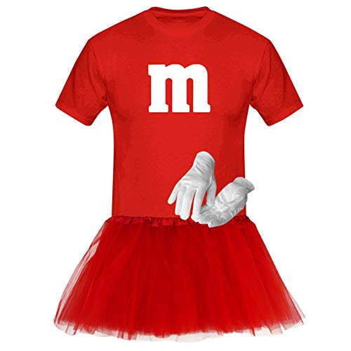 T-Shirt M&M + Tüllrock Karneval Gruppenkostüm Schokolinse 8 Farben Herren XS-5XL Fasching Verkleidung M's Fans Tanzgruppe, Gr.:4XL, Farbauswahl:rot - Logo Weiss (+Handschuhe Weiss/Tütü rot) von Jimmys Textilfactory