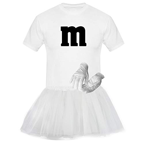 T-Shirt M&M + Tüllrock Karneval Gruppenkostüm Schokolinse 8 Farben Herren XS-5XL Fasching Verkleidung M's Fans Tanzgruppe, Gr.:L, Farbauswahl:Weiss - Logo schwarz (+Handschuhe Weiss/Tütü Weiss) von Jimmys Textilfactory