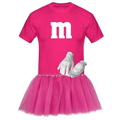 T-Shirt M&M + Tüllrock Karneval Gruppenkostüm Schokolinse 8 Farben Herren XS-5XL Fasching Verkleidung M's Fans Tanzgruppe, Gr.:XS, Farbauswahl:pink - Logo Weiss (+Handschuhe Weiss/Tütü pink) von Jimmys Textilfactory