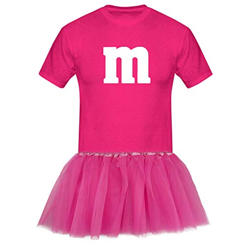 T-Shirt M&M + Tüllrock Karneval Gruppenkostüm Schokolinse 8 Farben Herren XS-5XL Fasching Verkleidung M's Fans Tanzgruppe, Größenauswahl:2XL, Farbauswahl:pink - Logo Weiss (+Tütü pink) von Jimmys Textilfactory