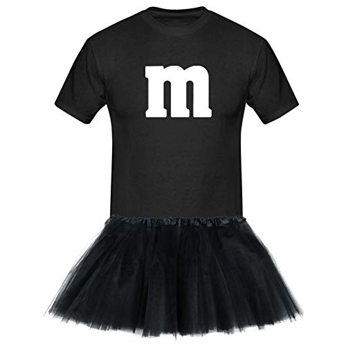 T-Shirt M&M + Tüllrock Karneval Gruppenkostüm Schokolinse 8 Farben Herren XS-5XL Fasching Verkleidung M's Fans Tanzgruppe, Größenauswahl:3XL, Farbauswahl:schwarz - Logo Weiss (+Tütü schwarz) von Jimmys Textilfactory