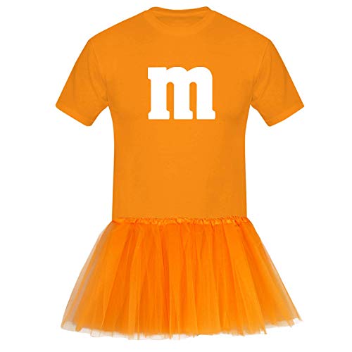 T-Shirt M&M + Tüllrock Karneval Gruppenkostüm Schokolinse 8 Farben Herren XS-5XL Fasching Verkleidung M's Fans Tanzgruppe, Größenauswahl:L, Farbauswahl:orange - Logo Weiss (+Tütü orange) von Jimmys Textilfactory