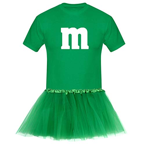 T-Shirt M&M + Tüllrock Karneval Gruppenkostüm Schokolinse 8 Farben Herren XS-5XL Fasching Verkleidung M's Fans Tanzgruppe , Größenauswahl:XS, Farbauswahl:grün - Logo weiss (+Tütü grün) von Jimmys Textilfactory