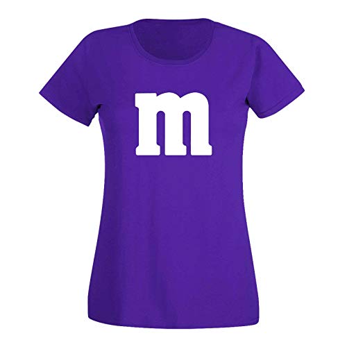 T-Shirt M&M Schoko-Linse Gruppenkostüm Karneval Fasching 15 Farben Damen XS-3XL M's Fans Ms Krümelmonster Darts Tanzgruppe Mottoparty, Größenauswahl:L, Farbe:lila/Purple - Logo Weiss von Jimmys Textilfactory