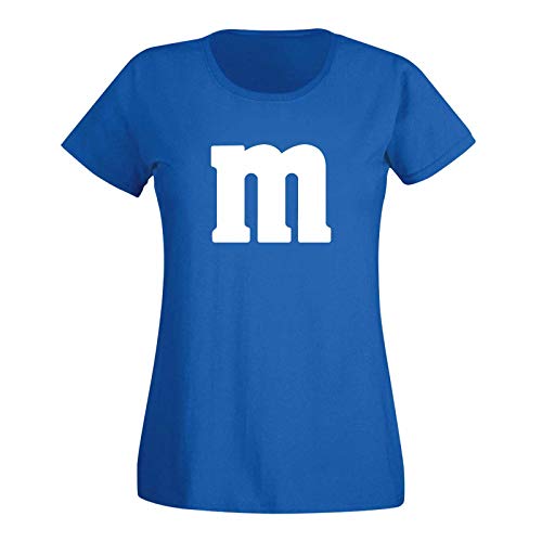 T-Shirt M&M Schoko-Linse Gruppenkostüm Karneval Fasching 15 Farben Damen XS-3XL M's Fans Ms Krümelmonster Darts Tanzgruppe Mottoparty, Größenauswahl:M, Farbe:Royalblau - Logo Weiss von Jimmys Textilfactory