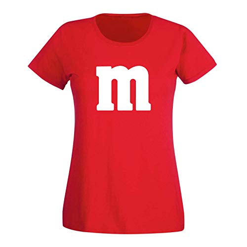 T-Shirt M&M Schoko-Linse Gruppenkostüm Karneval Fasching 15 Farben Damen XS-3XL M's Fans Ms Krümelmonster Darts Tanzgruppe Mottoparty, Größenauswahl:M, Farbe:rot - Logo Weiss von Jimmys Textilfactory