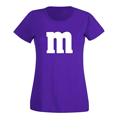 T-Shirt M&M Schoko-Linse Gruppenkostüm Karneval Fasching 15 Farben Damen XS-3XL M's Fans Ms Krümelmonster Darts Tanzgruppe Mottoparty, Größenauswahl:3XL, Farbe:lila/Purple - Logo Weiss von Jimmys Textilfactory