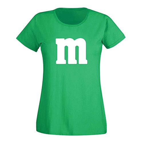 T-Shirt M&M Schoko-Linse Gruppenkostüm Karneval Fasching 15 Farben Damen XS-3XL M's Fans Ms Krümelmonster Darts Tanzgruppe Mottoparty, Größenauswahl:M, Farbe:grün/Kelly - Logo Weiss von Jimmys Textilfactory