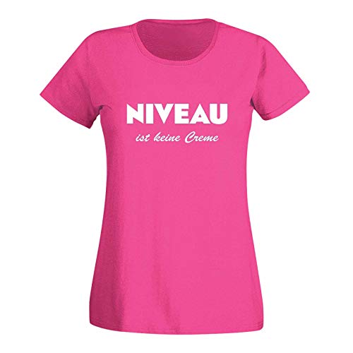T-Shirt Niveau ist Keine Creme Spruch Humor Fun-Shirt 15 Farben Damen XS - 3XL Haut Creme Logo witzig lustig Party feiern Malle, Größe:2XL, Farbe:pink/Fuchsia - Logo Weiss von Jimmys Textilfactory