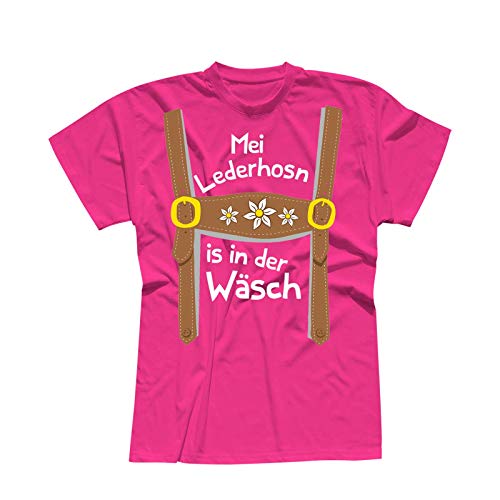 T-Shirt Oktoberfest Lederhose Kostüm Volksfest Tracht 13 Farben Herren XS-5XL München Wiesn Festzelt O'zapft Maß Krug Dirndel, Größe:S, Farbe:pink - Logo Weiss von Jimmys Textilfactory